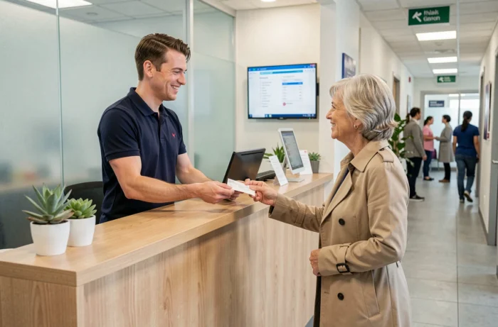 Accueil d'un centre de santé moderne où un réceptionniste remet un rendez-vous médical à une patiente
