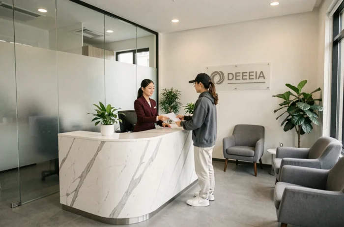 Accueil d'une clinique privée moderne avec une réceptionniste aidant une patiente