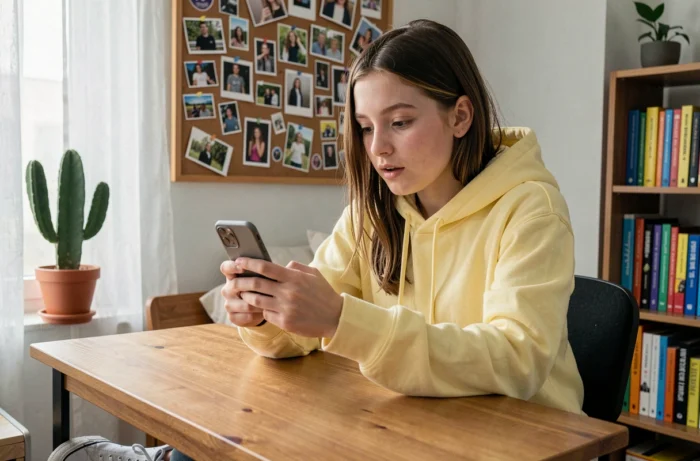Adolescente dans sa chambre regardant la signification du cœur jaune sur l'application Snapchat
