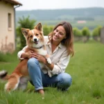 Femme adoptant un petit chien dans un refuge animalier près de Langon en Gironde