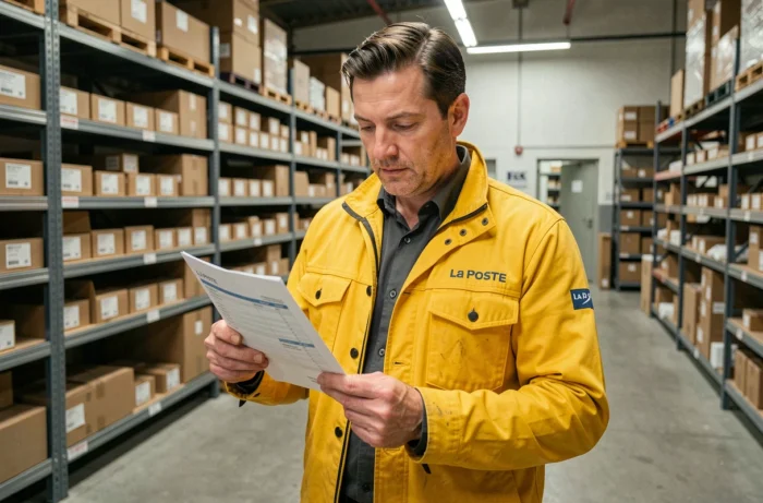 Agent de La Poste tenant un bon de commande de vêtements professionnels dans un centre de tri