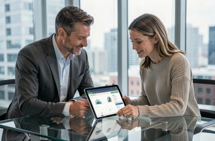 Deux agents immobiliers collaborant sur une tablette affichant un logiciel de gestion immobilière open source dans une salle de réunion moderne