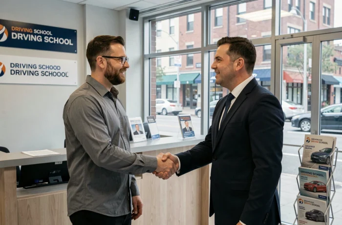 Moniteur d'auto-école validant son agrément professionnel lors d'un entretien officiel en auto-école