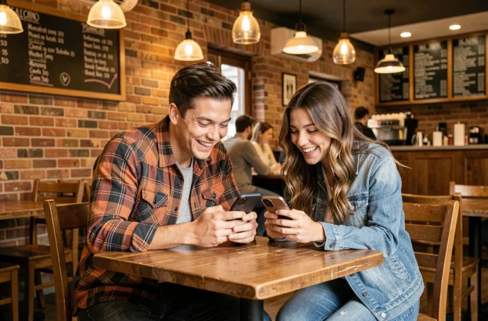Deux amis dans un café riant ensemble en consultant leurs messages Snapchat sur leurs téléphones