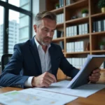 Professionnel de l'immobilier analysant des documents fonciers et une carte cadastrale sur tablette dans un bureau moderne