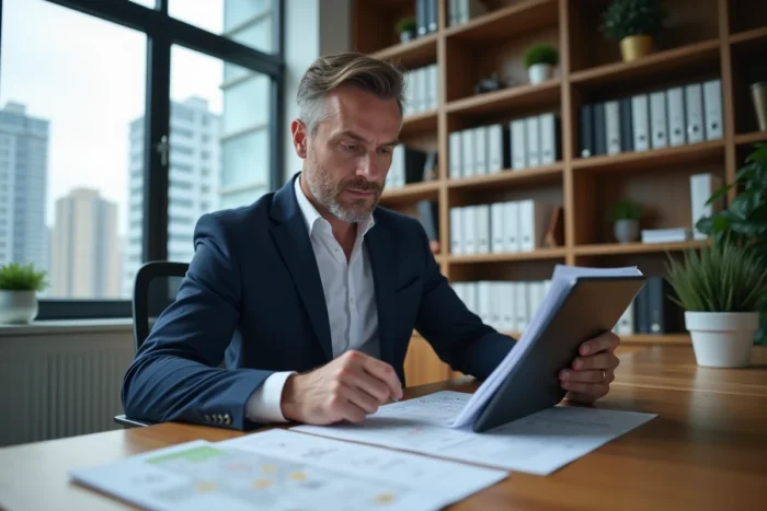 Professionnel de l'immobilier analysant des documents fonciers et une carte cadastrale sur tablette dans un bureau moderne