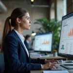 Professionnelle analysant des statistiques SEO sur un grand écran dans un bureau moderne