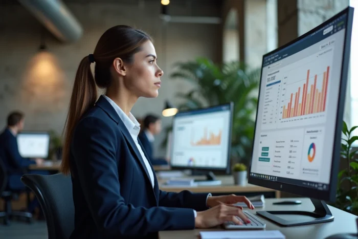 Professionnelle analysant des statistiques SEO sur un grand écran dans un bureau moderne