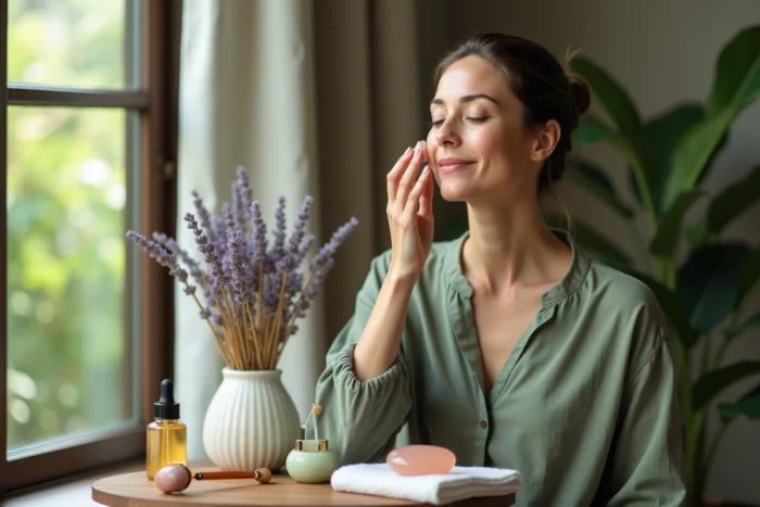 Femme utilisant un gua sha en quartz rose pour un massage du visage dans un espace bien-être naturel avec des huiles et des rouleaux de jade