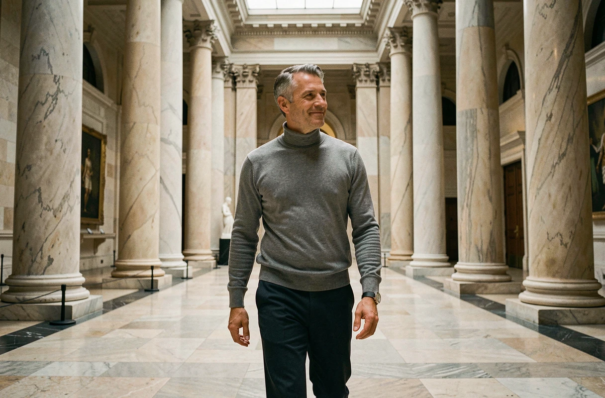Bruno Pesery marchant dans le hall d'une institution culturelle prestigieuse avec colonnes en marbre