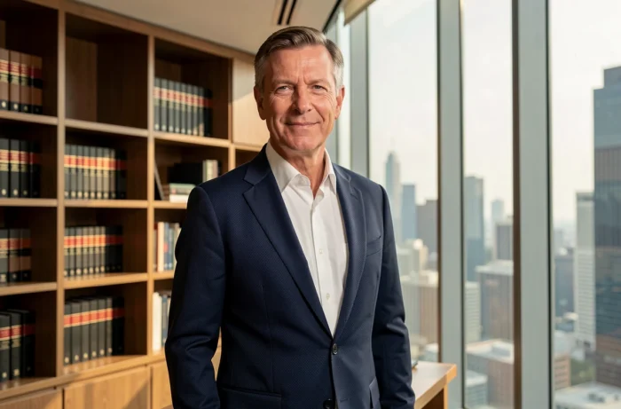 Portrait professionnel de Bruno Pesery en costume sombre dans un bureau exécutif moderne avec vue sur la ville