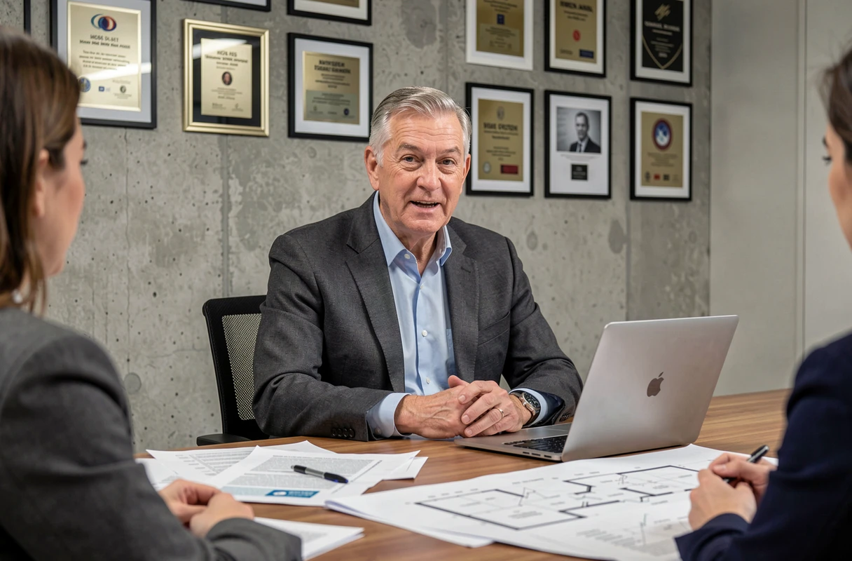 Bruno Pesery en réunion stratégique autour d'une table de conférence avec documents et collaborateurs