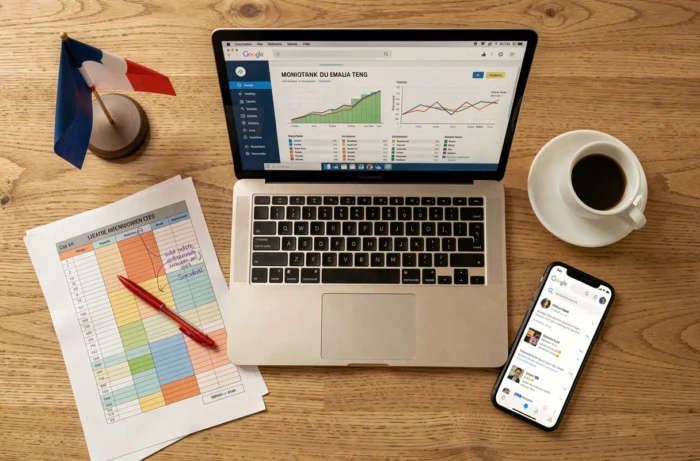 Vue aérienne d'un bureau d'agence digitale avec un logiciel de suivi de mots-clés SEO ouvert sur un MacBook