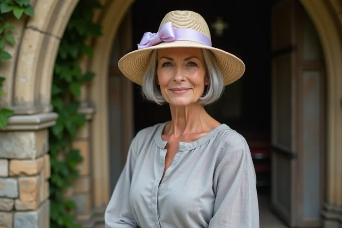 Femme mature aux cheveux courts gris naturels arborant un chapeau canotier paille avec ruban lavande devant une église en pierre lors d'un mariage