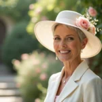 Femme élégante de plus de 50 ans avec coupe courte argentée portant un chapeau de mariage ivoire à larges bords dans un jardin fleuri