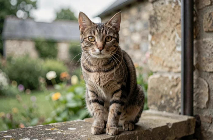 Chat tigré aux yeux ambrés assis sur un rebord de fenêtre en pierre dans une maison de campagne, portrait animalier réaliste