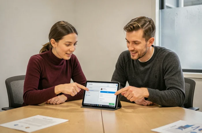 Deux collègues collaborant sur la gestion sécurisée de leurs données via un portail numérique sur tablette