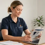 Femme commandant des vêtements La Poste en ligne sur un ordinateur portable depuis un bureau à domicile