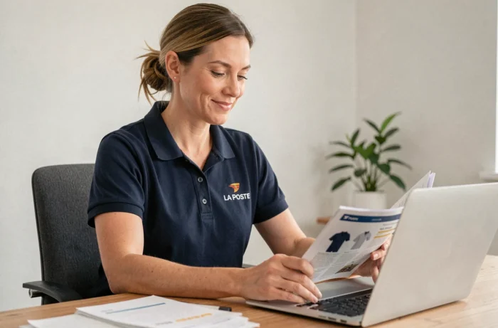 Femme commandant des vêtements La Poste en ligne sur un ordinateur portable depuis un bureau à domicile