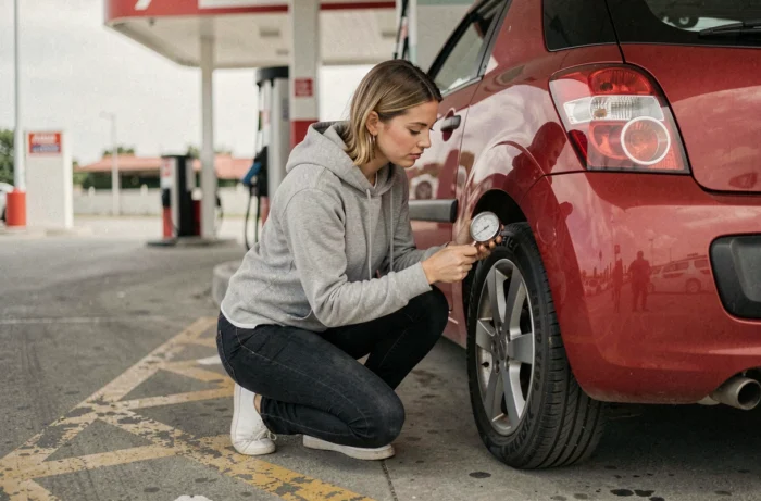 Conductrice vérifiant la pression des pneus arrière de sa Citroën C2 rouge dans une station-service