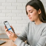Jeune femme connectée à une application mobile d'apprentissage sur smartphone depuis son bureau à domicile