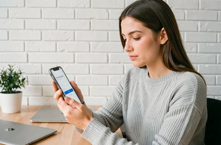 Jeune femme connectée à une application mobile d'apprentissage sur smartphone depuis son bureau à domicile