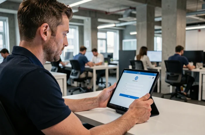 Homme utilisant une tablette pour se connecter à une plateforme d'e-learning dans un espace de coworking moderne