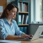 Enseignante tentant de se connecter à sa boîte mail Zimbra académique sur un ordinateur portable dans un bureau scolaire