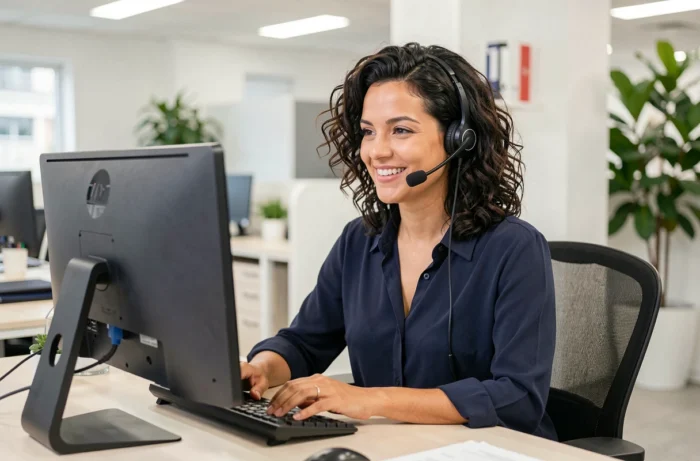 Conseillère du service client Maman & Moi avec casque audio prête à répondre aux questions des parents