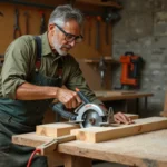 Artisan effectuant une coupe en biseau avec une scie circulaire sur une planche de bois dans un atelier de menuiserie
