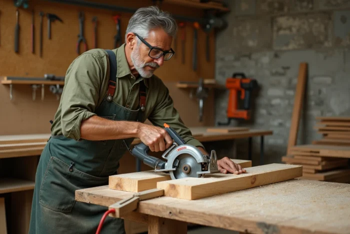 Artisan effectuant une coupe en biseau avec une scie circulaire sur une planche de bois dans un atelier de menuiserie