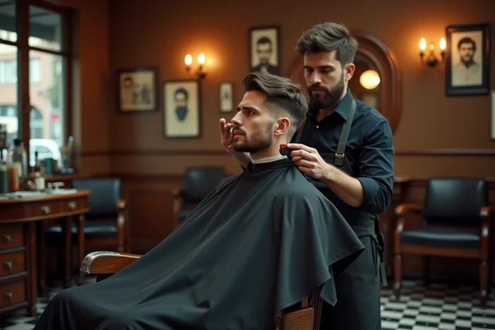Client en chaise de barbier classique recevant une coupe dégradé en V fondu dans un salon au décor rétro authentique