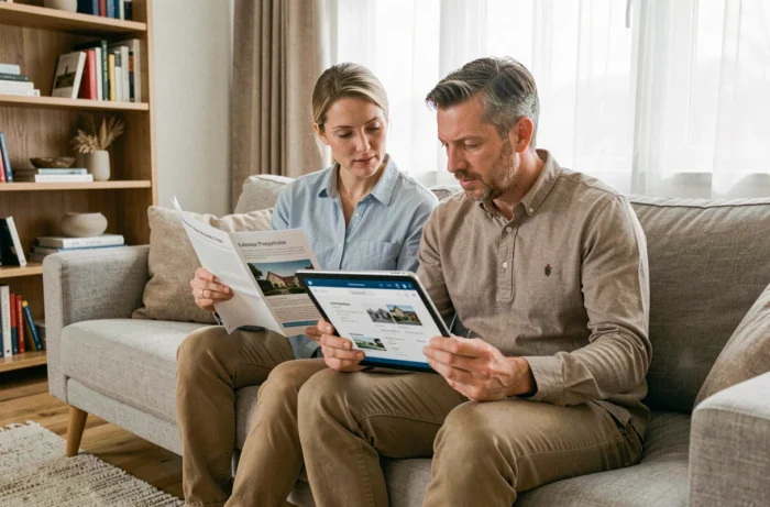 Couple examinant des annonces immobilières Direct Home sur tablette et brochures dans un salon contemporain