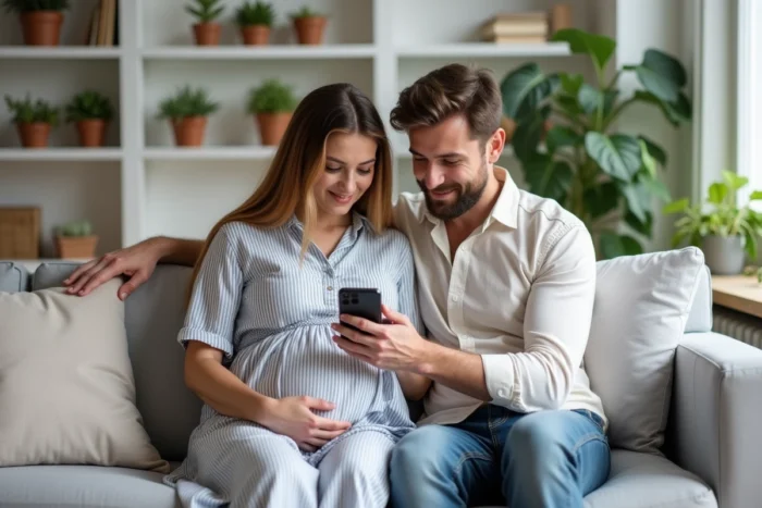 Couple enceinte consultant une application de suivi de grossesse sur smartphone dans leur salon belge