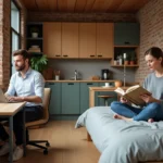 Couple vivant ensemble dans un studio aménagé avec bureau et coin nuit séparés