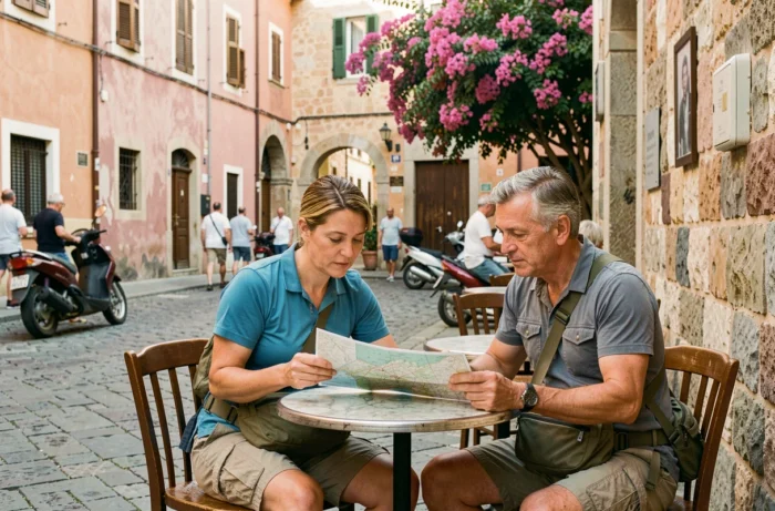 Couple de touristes consultant une carte dans un café de vieille ville méditerranéenne, voyage culturel et tendances du tourisme international