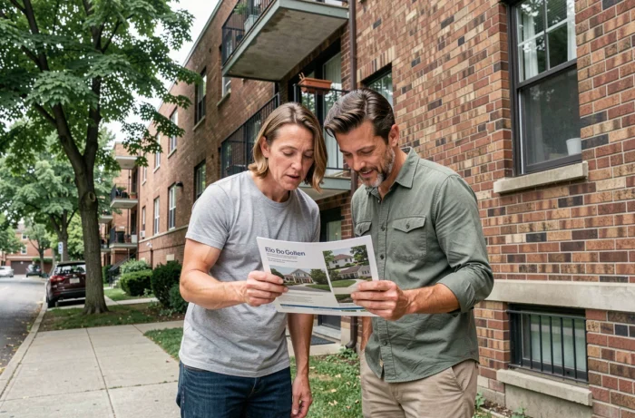 Couple examinant une annonce immobilière devant un immeuble résidentiel urbain