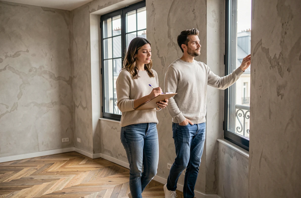 Couple visitant un appartement à louer et inspectant les détails avant de signer