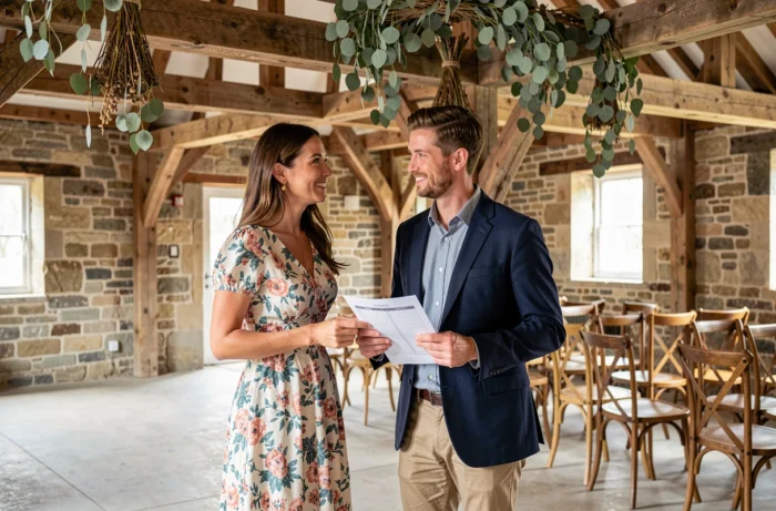 Couple visitant une salle de mariage rustique en grange, discutant des détails de leur organisation avec une liste imprimée en main