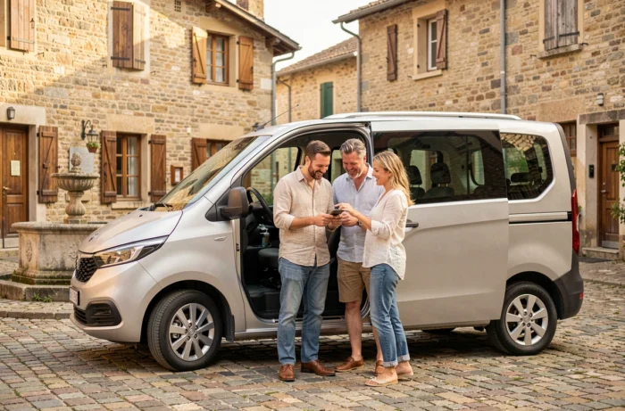 Groupe de voyageurs partageant un van électrique en covoiturage dans un village français, solution de transport écoresponsable