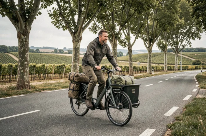 Cycliste sur un vélo cargo électrique sur une voie verte en France, transport écoresponsable et mobilité douce