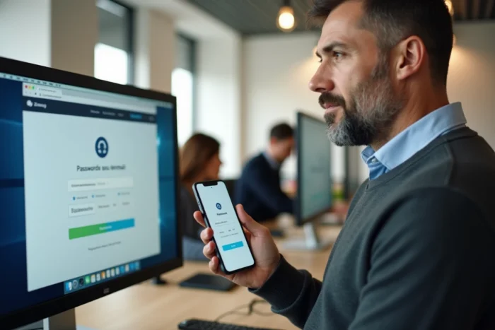 Agent administratif de l'éducation nationale débloquant son compte Zimbra depuis un smartphone et un ordinateur de bureau