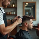 Barbier professionnel réalisant un dégradé en V fondu sur la nuque d'un client dans un salon de coiffure moderne