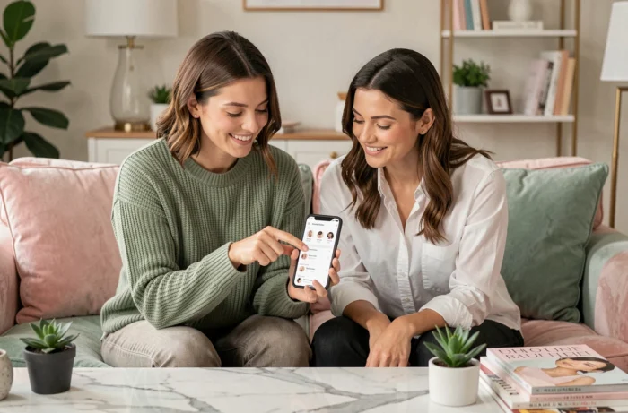 Deux femmes explorant ensemble un plan de site beauté sur smartphone dans un salon cosy