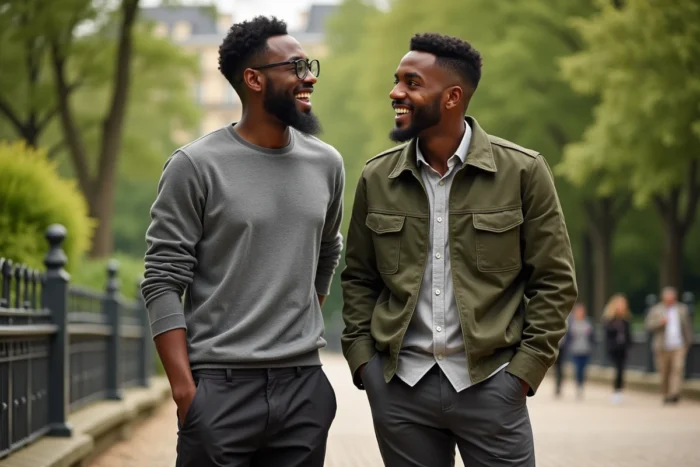 Deux frères d'origine caribéenne photographiés dans un jardin parisien, illustrant les liens fraternels au sein d'une famille médiatique française