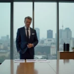 Portrait d'un dirigeant d'entreprise en costume dans une salle de réunion vitrée à Paris, illustrant le parcours de Nicolas Hieronimus chez L'Oréal