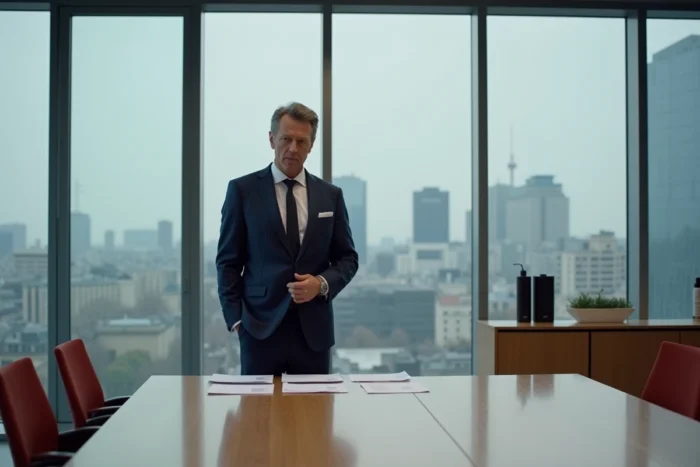 Portrait d'un dirigeant d'entreprise en costume dans une salle de réunion vitrée à Paris, illustrant le parcours de Nicolas Hieronimus chez L'Oréal