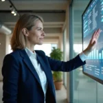 Dirigeante d'entreprise analysant une feuille de route de transformation digitale sur un écran tactile dans un bureau moderne
