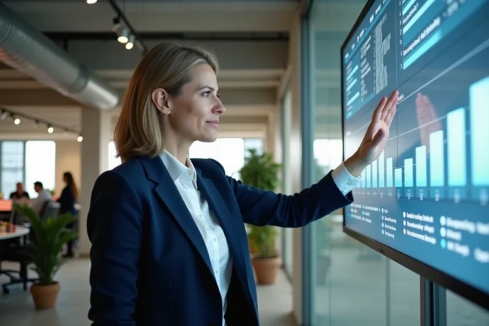 Dirigeante d'entreprise analysant une feuille de route de transformation digitale sur un écran tactile dans un bureau moderne