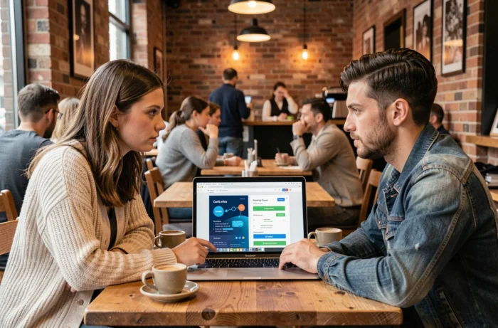 Deux personnes discutant des pièges à éviter lors du choix d'une plateforme de formation en ligne dans un café